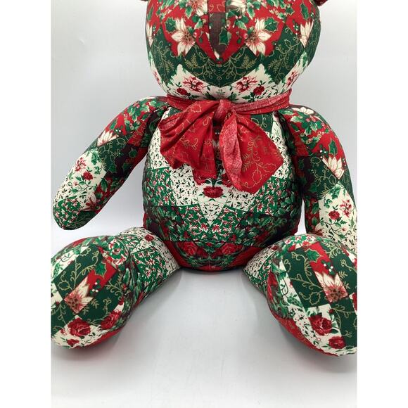 Patchwork Christmas Bear With Red Ribbon 23 inches Tall Vintage - Picture 2 of 6